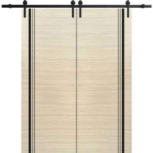 Sliding Double Barn Doors with Hardware | Planum 0011 Natural Veneer and Aluminum Strips | 13FT Rail Hangers Sturdy Set | Modern Solid Panel Interior Hall Bedroom Bathroom Door