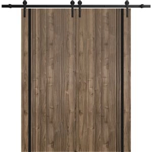 Sliding Double Barn Doors with Hardware | Planum 0011 Walnut and Aluminum Strips | 13FT Rail Hangers Sturdy Set | Modern Solid Panel Interior Hall Bedroom Bathroom Door