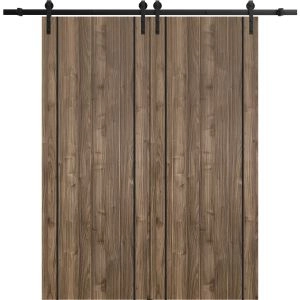 Sliding Double Barn Doors with Hardware | Planum 0017 Walnut and Aluminum Strips | 13FT Rail Hangers Sturdy Set | Modern Solid Panel Interior Hall Bedroom Bathroom Door