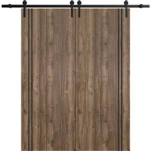 Sliding Double Barn Doors with Hardware | Planum 0016 Walnut and Aluminum Strips | 13FT Rail Hangers Sturdy Set | Modern Solid Panel Interior Hall Bedroom Bathroom Door