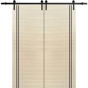 Sliding Double Barn Doors with Hardware | Planum 0016 Natural Veneer and Aluminum Strips | 13FT Rail Hangers Sturdy Set | Modern Solid Panel Interior Hall Bedroom Bathroom Door