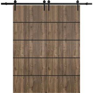 Sliding Double Barn Doors with Hardware | Planum 0015 Walnut and Aluminum Strips | 13FT Rail Hangers Sturdy Set | Modern Solid Panel Interior Hall Bedroom Bathroom Door