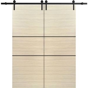 Sliding Double Barn Doors with Hardware | Planum 0014 Natural Veneer and Aluminum Strips | 13FT Rail Hangers Sturdy Set | Modern Solid Panel Interior Hall Bedroom Bathroom Door