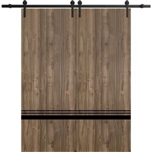 Sliding Double Barn Doors with Hardware | Planum 0012 Walnut and Aluminum Strips | 13FT Rail Hangers Sturdy Set | Modern Solid Panel Interior Hall Bedroom Bathroom Door