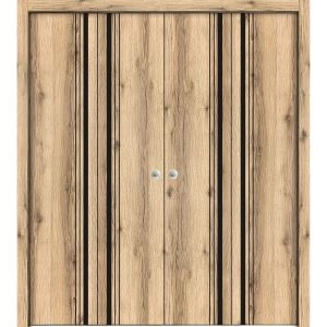 Sliding Closet Double Bi-fold Doors | Planum 0011 Oak and Aluminum Strips | Sturdy Tracks Moldings Trims Hardware Set | Wood Solid Bedroom Wardrobe Doors