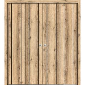 Sliding Closet Double Bi-fold Doors | Planum 0017 Oak and Aluminum Strips | Sturdy Tracks Moldings Trims Hardware Set | Wood Solid Bedroom Wardrobe Doors