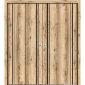 Sliding Closet Double Bi-fold Doors | Planum 0016 Oak and Aluminum Strips | Sturdy Tracks Moldings Trims Hardware Set | Wood Solid Bedroom Wardrobe Doors