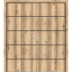 Sliding Closet Double Bi-fold Doors | Planum 0015 Oak and Aluminum Strips | Sturdy Tracks Moldings Trims Hardware Set | Wood Solid Bedroom Wardrobe Doors