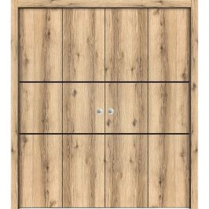 Sliding Closet Double Bi-fold Doors | Planum 0014 Oak and Aluminum Strips | Sturdy Tracks Moldings Trims Hardware Set | Wood Solid Bedroom Wardrobe Doors