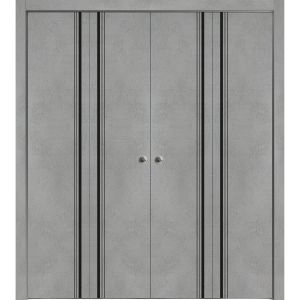 Sliding Closet Double Bi-fold Doors | Planum 0011 Concrete and Aluminum Strips | Sturdy Tracks Moldings Trims Hardware Set | Wood Solid Bedroom Wardrobe Doors