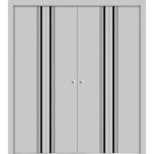 Sliding Closet Double Bi-fold Doors | Planum 0011 Matte Grey and Aluminum Strips | Sturdy Tracks Moldings Trims Hardware Set | Wood Solid Bedroom Wardrobe Doors