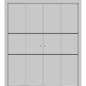 Sliding Closet Double Bi-fold Doors | Planum 0014 Matte Grey and Aluminum Strips | Sturdy Tracks Moldings Trims Hardware Set | Wood Solid Bedroom Wardrobe Doors