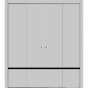 Sliding Closet Double Bi-fold Doors | Planum 0012 Matte Grey and Aluminum Strips | Sturdy Tracks Moldings Trims Hardware Set | Wood Solid Bedroom Wardrobe Doors