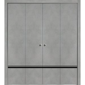 Sliding Closet Double Bi-fold Doors | Planum 0012 Concrete and Aluminum Strips | Sturdy Tracks Moldings Trims Hardware Set | Wood Solid Bedroom Wardrobe Doors