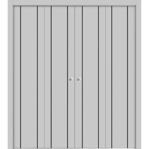 Sliding Closet Double Bi-fold Doors | Planum 0017 Matte Grey and Aluminum Strips | Sturdy Tracks Moldings Trims Hardware Set | Wood Solid Bedroom Wardrobe Doors