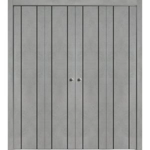 Sliding Closet Double Bi-fold Doors | Planum 0017 Concrete and Aluminum Strips | Sturdy Tracks Moldings Trims Hardware Set | Wood Solid Bedroom Wardrobe Doors