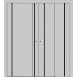 Sliding Closet Double Bi-fold Doors | Planum 0016 Matte Grey and Aluminum Strips | Sturdy Tracks Moldings Trims Hardware Set | Wood Solid Bedroom Wardrobe Doors