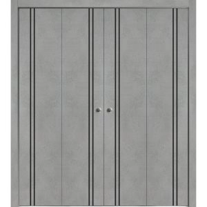 Sliding Closet Double Bi-fold Doors | Planum 0016 Concrete and Aluminum Strips | Sturdy Tracks Moldings Trims Hardware Set | Wood Solid Bedroom Wardrobe Doors