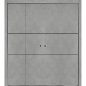 Sliding Closet Double Bi-fold Doors | Planum 0014 Concrete and Aluminum Strips | Sturdy Tracks Moldings Trims Hardware Set | Wood Solid Bedroom Wardrobe Doors