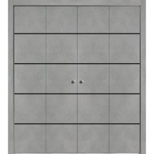 Sliding Closet Double Bi-fold Doors | Planum 0015 Concrete and Aluminum Strips | Sturdy Tracks Moldings Trims Hardware Set | Wood Solid Bedroom Wardrobe Doors