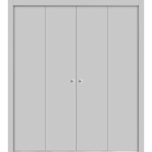 Sliding Closet Double Bi-fold Doors | Planum 0010 Matte Grey | Sturdy Tracks Moldings Trims Hardware Set | Wood Solid Bedroom Wardrobe Doors 