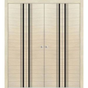Sliding Closet Double Bi-fold Doors | Planum 0011 Natural Veneer and Aluminum Strips | Sturdy Tracks Moldings Trims Hardware Set | Wood Solid Bedroom Wardrobe Doors