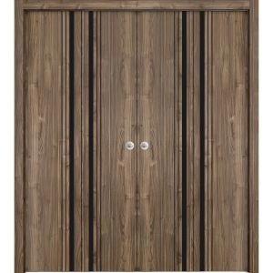 Sliding Closet Double Bi-fold Doors | Planum 0011 Walnut and Aluminum Strips | Sturdy Tracks Moldings Trims Hardware Set | Wood Solid Bedroom Wardrobe Doors