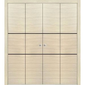 Sliding Closet Double Bi-fold Doors | Planum 0014 Natural Veneer and Aluminum Strips | Sturdy Tracks Moldings Trims Hardware Set | Wood Solid Bedroom Wardrobe Doors