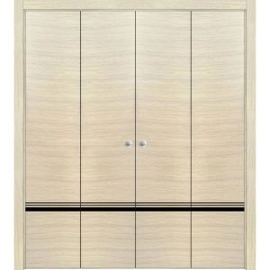 Sliding Closet Double Bi-fold Doors | Planum 0012 Natural Veneer and Aluminum Strips | Sturdy Tracks Moldings Trims Hardware Set | Wood Solid Bedroom Wardrobe Doors