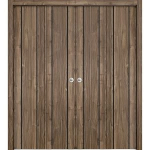 Sliding Closet Double Bi-fold Doors | Planum 0017 Walnut and Aluminum Strips | Sturdy Tracks Moldings Trims Hardware Set | Wood Solid Bedroom Wardrobe Doors