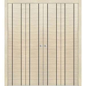 Sliding Closet Double Bi-fold Doors | Planum 0017 Natural Veneer and Aluminum Strips | Sturdy Tracks Moldings Trims Hardware Set | Wood Solid Bedroom Wardrobe Doors