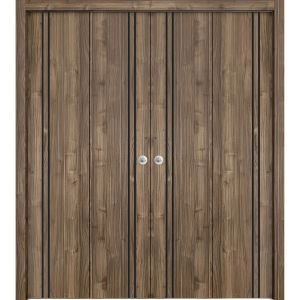 Sliding Closet Double Bi-fold Doors | Planum 0016 Walnut and Aluminum Strips | Sturdy Tracks Moldings Trims Hardware Set | Wood Solid Bedroom Wardrobe Doors