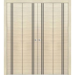 Sliding Closet Double Bi-fold Doors | Planum 0016 Natural Veneer and Aluminum Strips | Sturdy Tracks Moldings Trims Hardware Set | Wood Solid Bedroom Wardrobe Doors