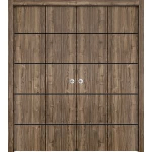 Sliding Closet Double Bi-fold Doors | Planum 0015 Walnut and Aluminum Strips | Sturdy Tracks Moldings Trims Hardware Set | Wood Solid Bedroom Wardrobe Doors
