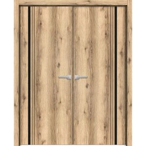 Planum Solid French Double Doors | Planum 0011 Oak and Aluminum Strips | Wood Solid Panel Frame Trims | Closet Bedroom Sturdy Doors