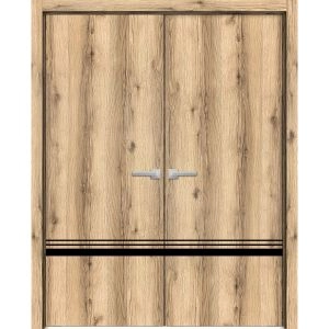Planum Solid French Double Doors | Planum 0012 Oak and Aluminum Strips | Wood Solid Panel Frame Trims | Closet Bedroom Sturdy Doors