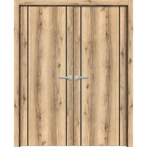 Solid French Double Doors | Planum 0017 Oak and Aluminum Strips | Wood Solid Panel Frame Trims | Closet Bedroom Sturdy Doors -36" x 80" (2* 18x80)