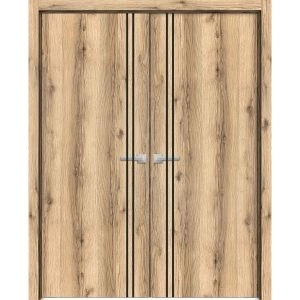 Planum Solid French Double Doors | Planum 0016 Oak and Aluminum Strips | Wood Solid Panel Frame Trims | Closet Bedroom Sturdy Doors