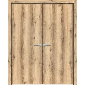 Planum Solid French Double Doors | Planum 0010 Oak | Wood Solid Panel Frame Trims | Closet Bedroom Sturdy Doors 