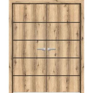 Planum Solid French Double Doors | Planum 0015 Oak and Aluminum Strips | Wood Solid Panel Frame Trims | Closet Bedroom Sturdy Doors