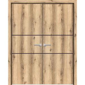 Planum Solid French Double Doors | Planum 0014 Oak and Aluminum Strips | Wood Solid Panel Frame Trims | Closet Bedroom Sturdy Doors