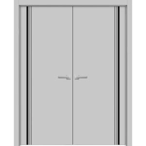 Planum Solid French Double Doors | Planum 0011 Matte Grey and Aluminum Strips | Wood Solid Panel Frame Trims | Closet Bedroom Sturdy Doors