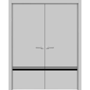 Planum Solid French Double Doors | Planum 0012 Matte Grey and Aluminum Strips | Wood Solid Panel Frame Trims | Closet Bedroom Sturdy Doors