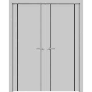 Planum Solid French Double Doors | Planum 0017 Matte Grey and Aluminum Strips | Wood Solid Panel Frame Trims | Closet Bedroom Sturdy Doors