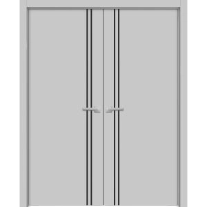 Planum Solid French Double Doors | Planum 0016 Matte Grey and Aluminum Strips | Wood Solid Panel Frame Trims | Closet Bedroom Sturdy Doors