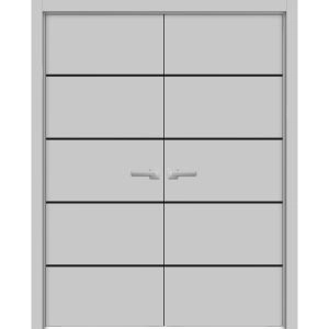 Planum Solid French Double Doors | Planum 0015 Matte Grey and Aluminum Strips | Wood Solid Panel Frame Trims | Closet Bedroom Sturdy Doors