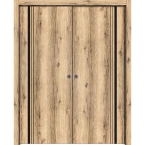 Modern Double Pocket Doors | Planum 0011 Oak and Aluminum Strips | Kit Trims Rail Hardware | Solid Wood Interior Bedroom Sliding Closet Sturdy Door