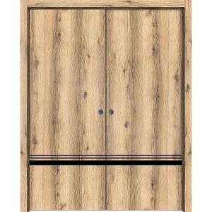 Modern Double Pocket Doors | Planum 0012 Oak and Aluminum Strips | Kit Trims Rail Hardware | Solid Wood Interior Bedroom Sliding Closet Sturdy Door