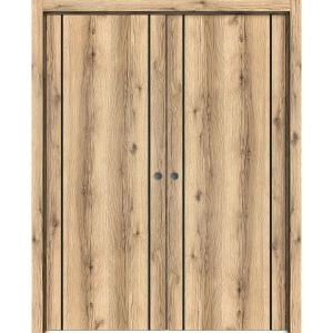 Modern Double Pocket Doors | Planum 0017 Oak and Aluminum Strips | Kit Trims Rail Hardware | Solid Wood Interior Bedroom Sliding Closet Sturdy Door-36" x 80" (2* 18x80)
