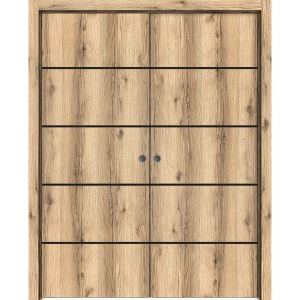 Modern Double Pocket Doors | Planum 0015 Oak and Aluminum Strips | Kit Trims Rail Hardware | Solid Wood Interior Bedroom Sliding Closet Sturdy Door